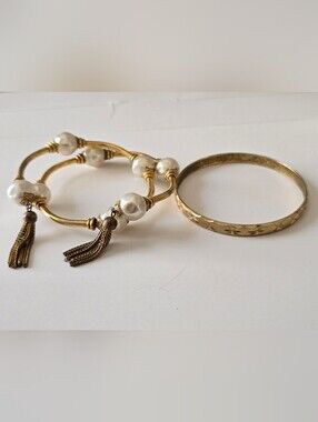 Gold Pearl Tassel Bangle Bracelet Set